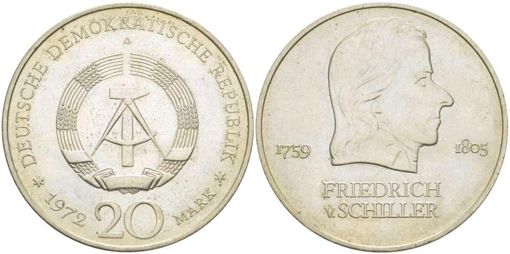 ГДР 20 марок 1972 А, Фридрих Шиллер (1759-1805) KM 40 медно-никель 4521-711
