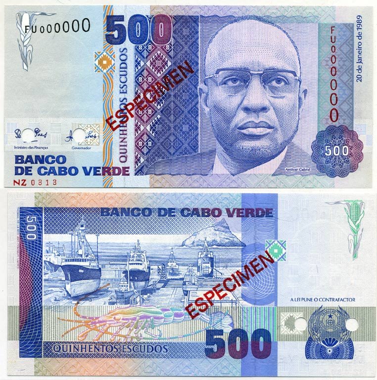 Кабо-Верде 500 эскудо 1989 specimen, образец Pick 59 s бумага UNC (пресс) 000-00-00