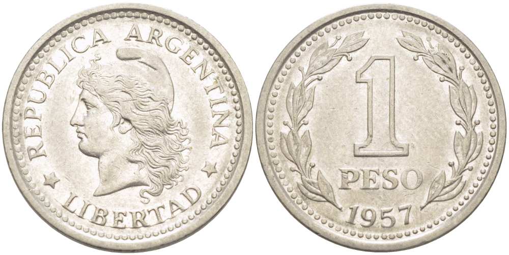 Аргентина 1 песо 1957 голова свободы влево KM 57 сталь плакированная никелем 4514-931