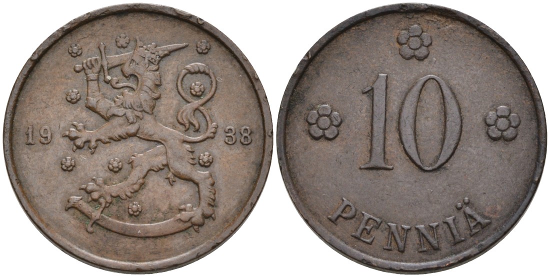 Финляндия 10 пенни 1938 KM 24 медь 4563-622