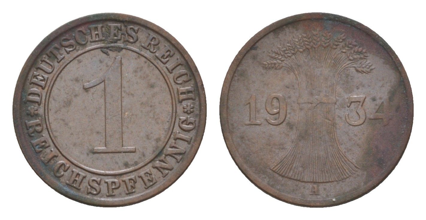 Германия 1 рейхспфенниг 1934 A KM 37, J. 313 бронза 4644-1048