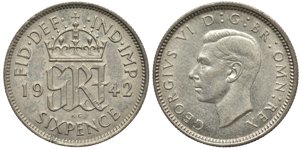 Великобритания 6 пенсов 1942 Георг VI (1936-1952) KM 852, Spink 4084 серебро 4538-516