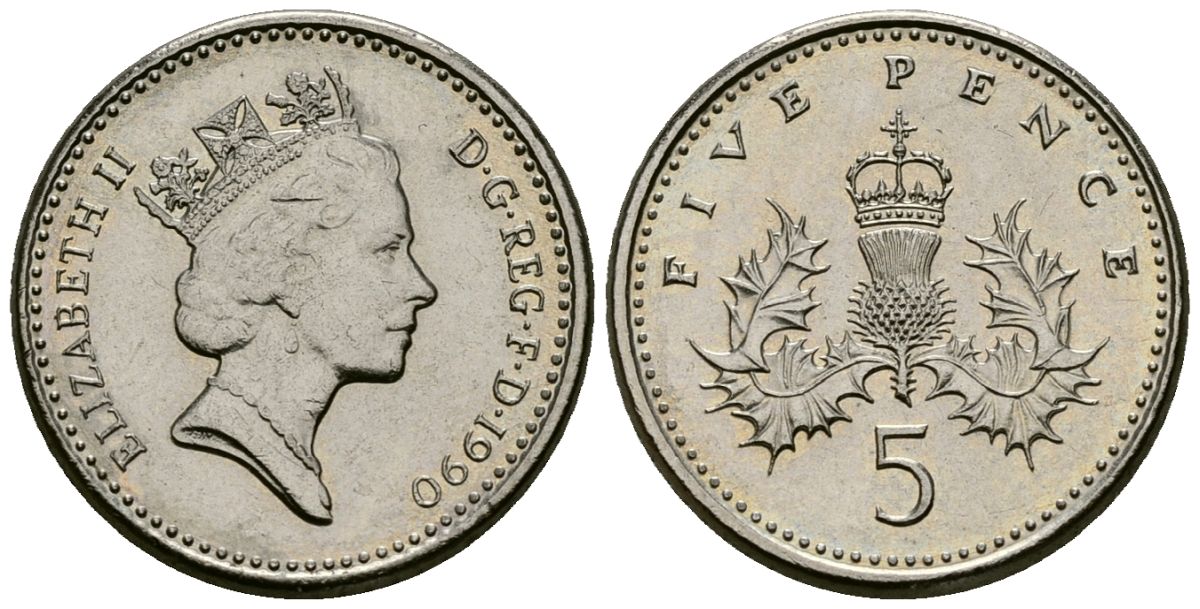 Великобритания 5 пенсов 1990 Елизавета II (1952-2022) KM 937b, Spink 4372 (D4) медно-никель 4173-753