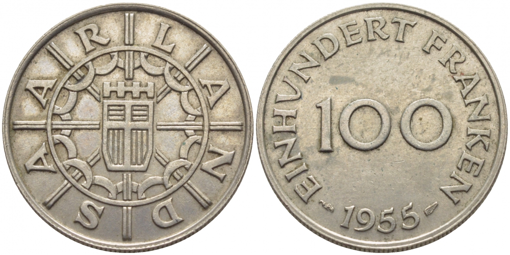 Саарланд 100 франков 1955 индустрия KM 4 медно-никель 4127-315