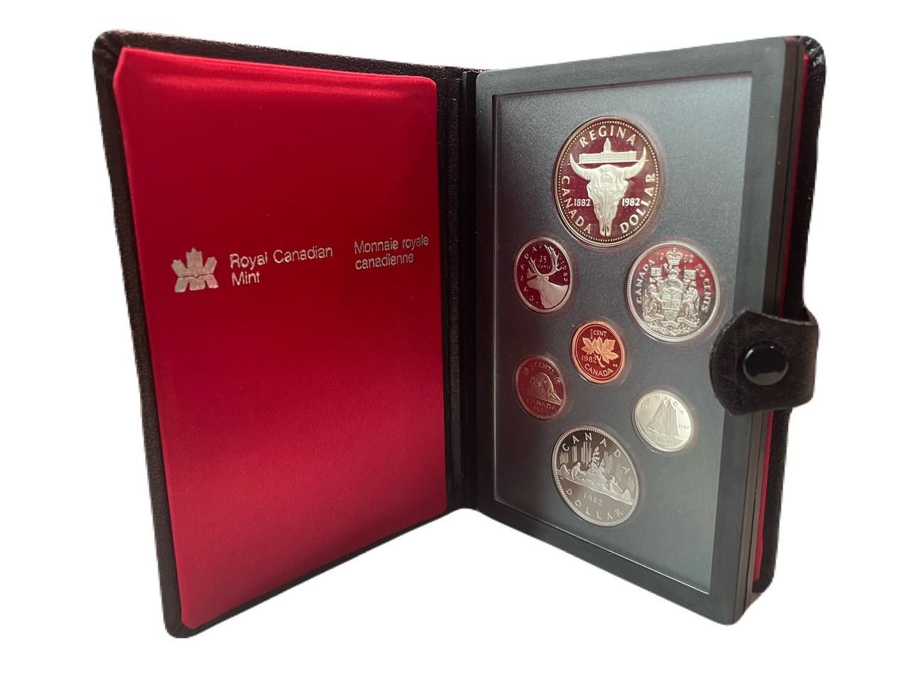 Канада набор из 7 монет (1, 5, 10, 25 и 50 центов; 1 доллар) 1982 100 лет городу Реджайна, в оригинальной упаковке, с сертификатом подлинности KM 132, 60.2a, 77, 74, 75.3, 120.1 и 133 PROOF 7-7-10