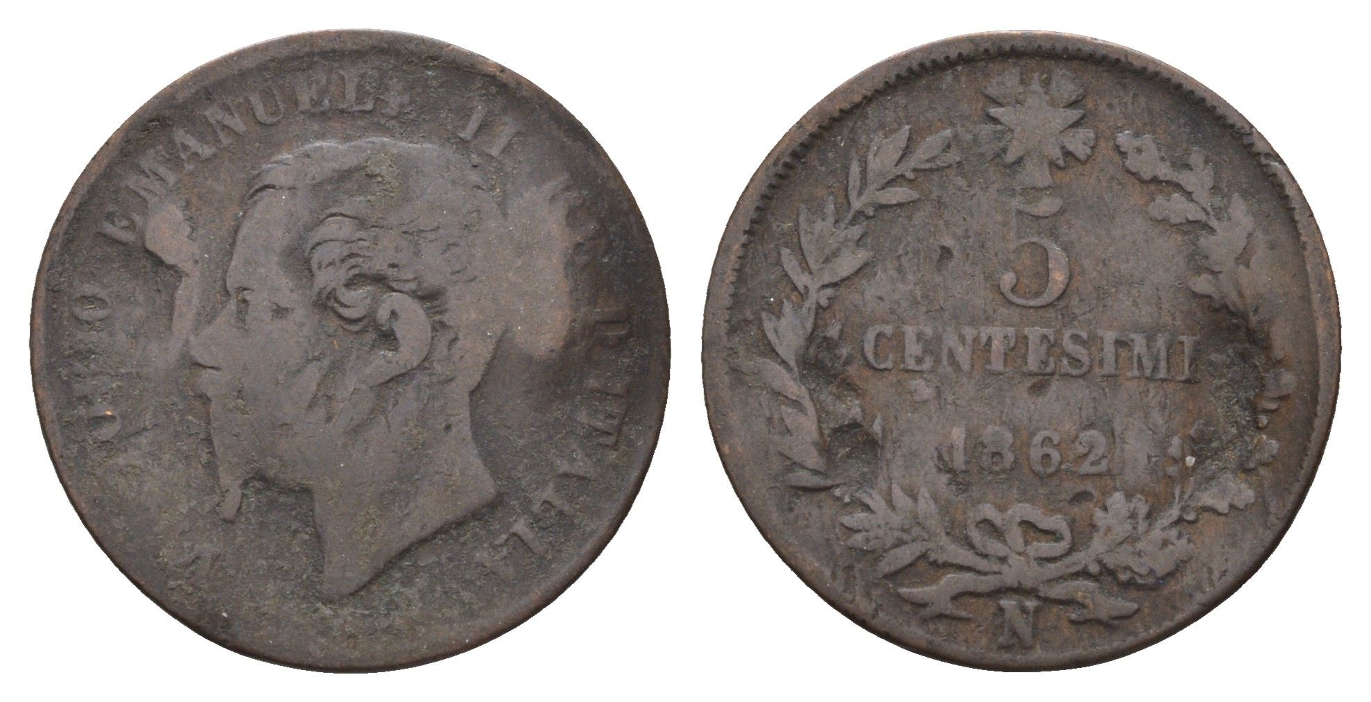 Италия 5 чентезимо 1862 N, Виктор Эммануил II (1861-1878) KM 3 медь 4700-1224