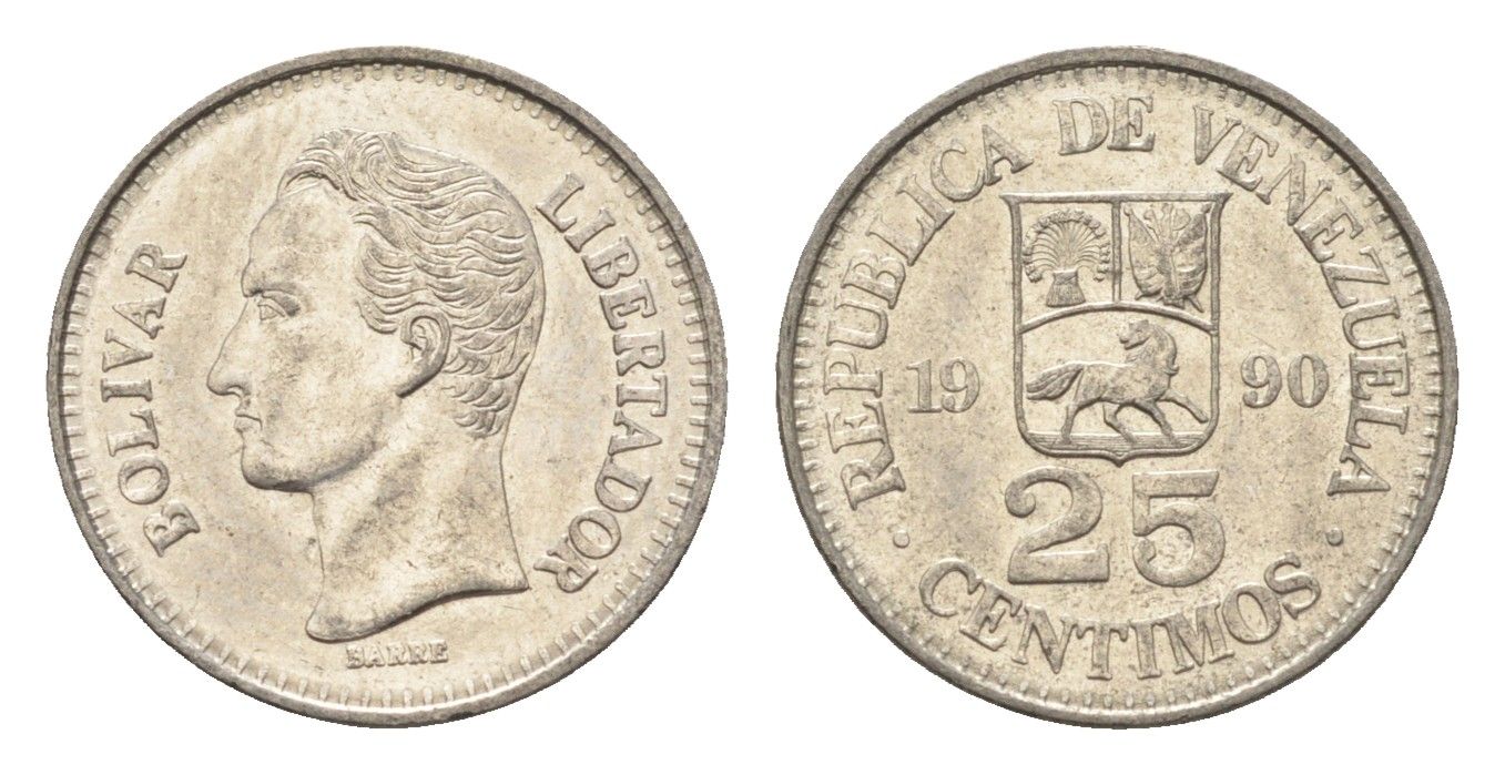 Венесуэла 25 сентимо 1990 Симон Боливар Y 50a сталь плакированная никелем aUNC 4664-223