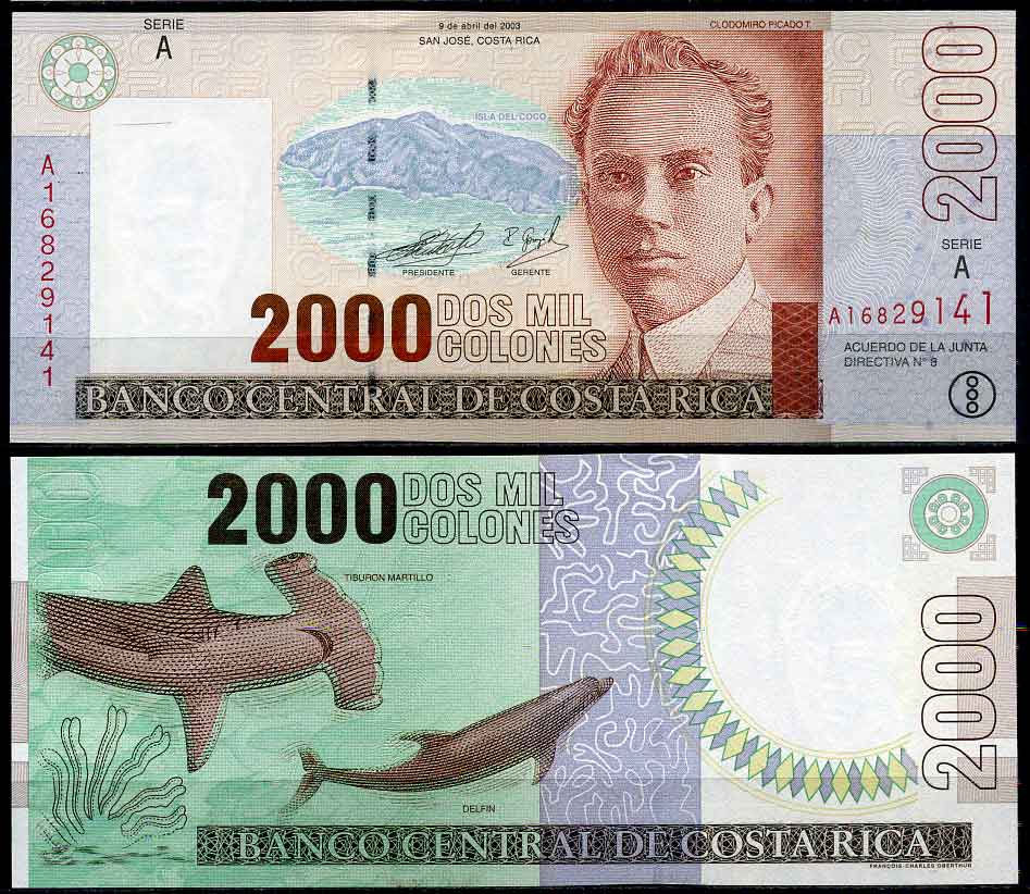 Коста-Рика 2000 колонов 2003 Клодомиро Пикадо, акула, дельфин Pick 265 d бумага UNC (пресс) 8622-2-2-2