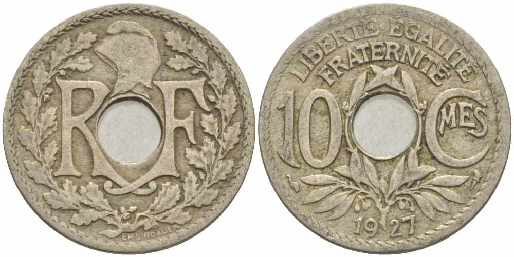 ФРАНЦИЯ 10 САНТИМОВ 1927 ТИП ЛИНДАЙЁ KM 866а, LE FRANC 138.14 медно-никель 108-154