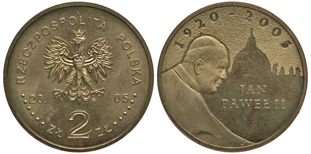 Польша 2 злотых 2005 MW, папа Иоанн Павел II (1920-2005) KM 525, Parchimowicz 953 латунь 114-216