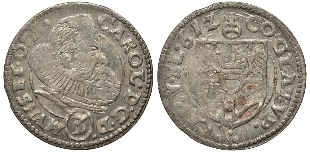 Силезия, Мюнстерберг, Олесница грошен (3 крейцера) 1612 Карл II серебро 413-1133