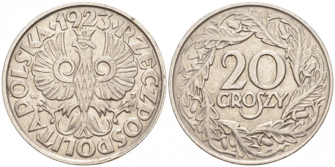 ПОЛЬША 20 ГРОШЕЙ 1923 KM 12 никель 186-131