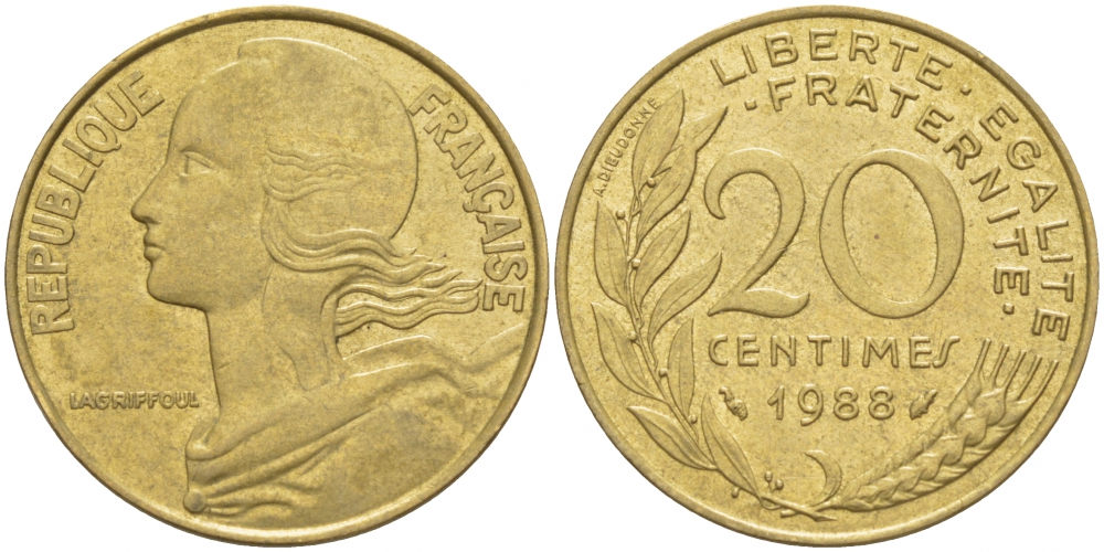 ФРАНЦИЯ 20 САНТИМОВ 1988 KM 930 медь алюминий никель 4402-1014
