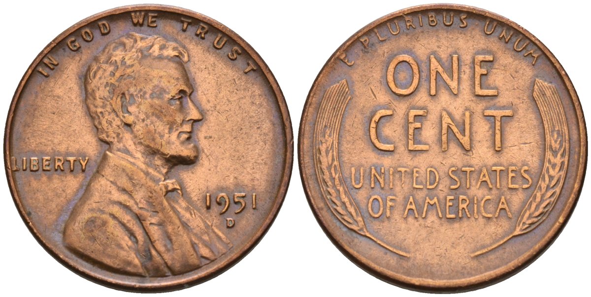 США 1 цент 1951 Линкольн, D KM A132 медь цинк 4596-524