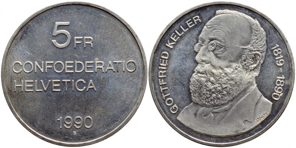ШВЕЙЦАРИЯ 5 ФРАНКОВ 1990 В, ГОТФРИД КЕЛЛЕР KM 69 медно-никель UNC 443-245