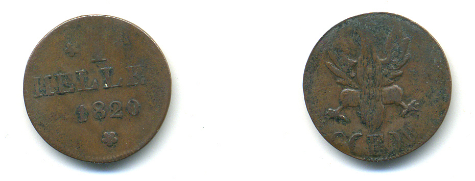Франкфурт 1 геллер 1820 GB AKS 30, Jaeger 10, KM 301 медь 46-266