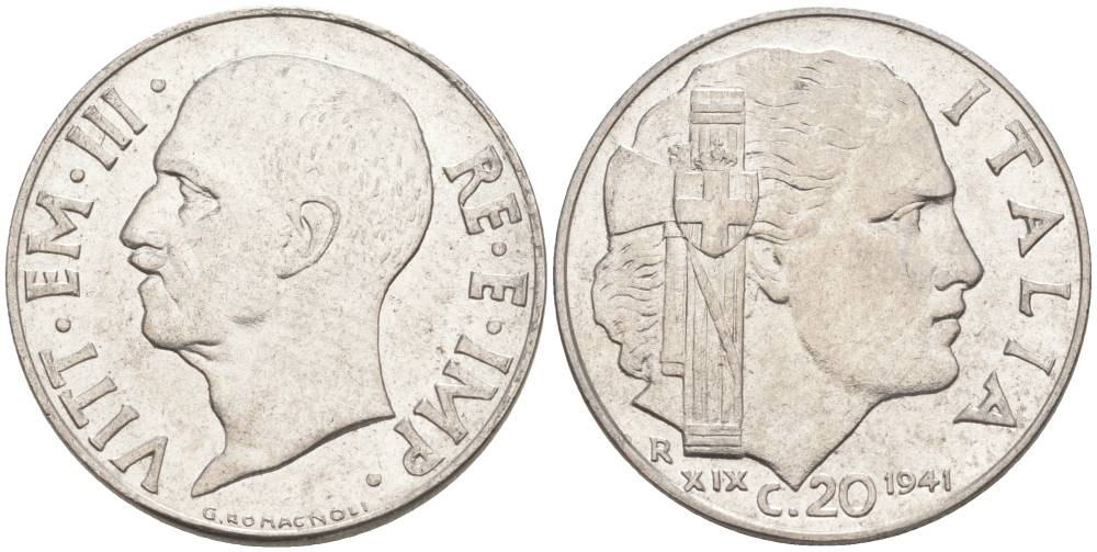 ИТАЛИЯ 20 ЧЕНТЕЗИМО 1941 R, ГОД XIX, ВИКТОР ЭММАНУИЛ III (1900-1946) KM 75b, VEM3. 1028 нержавеющая сталь 3853-1017