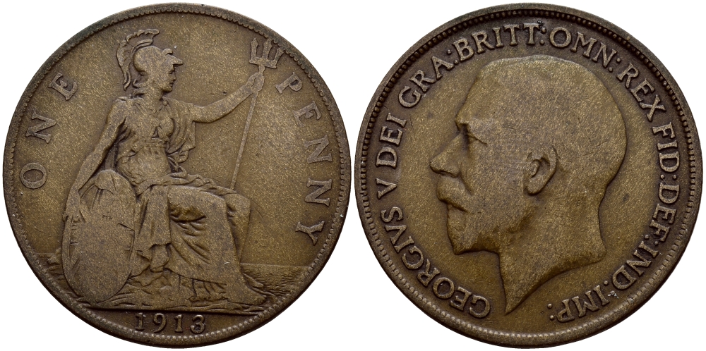Великобритания 1 пенни 1913 Георг V (1910-1936) KM 810, Spink 4051 бронза 57-1024