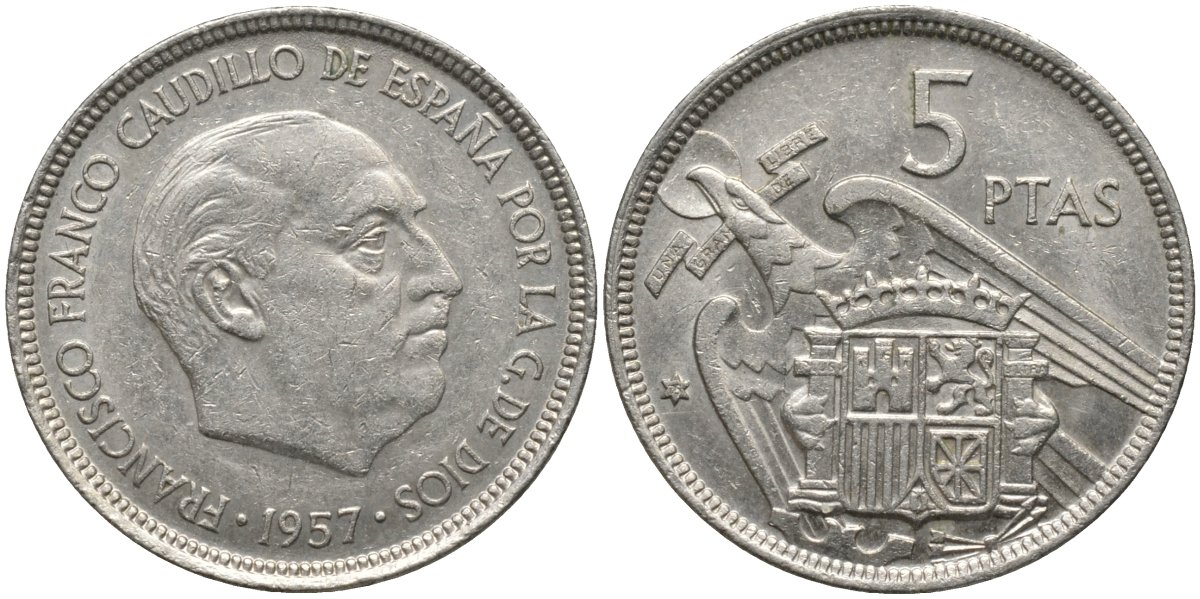 Испания 5 песет 1957 (75) Франсиско Франко (1939-1975) KM 786 медно-никель UNC 4171-511