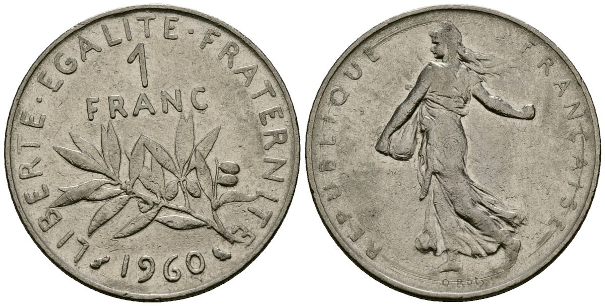 Франция 1 франк 1960 сеятель KM 925 никель 4135-755