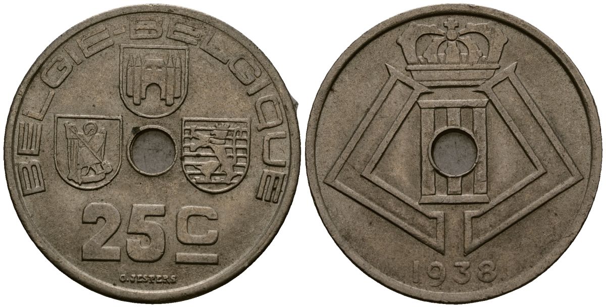 Бельгия 25 сантимов 1938 Belgie - Belgique KM 115 никель латунь 4512-1046