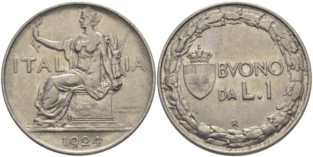 ИТАЛИЯ 1 ЛИРА 1924 R, ВИКТОР ИМАНУИЛ III KM 62 никель 97-1023