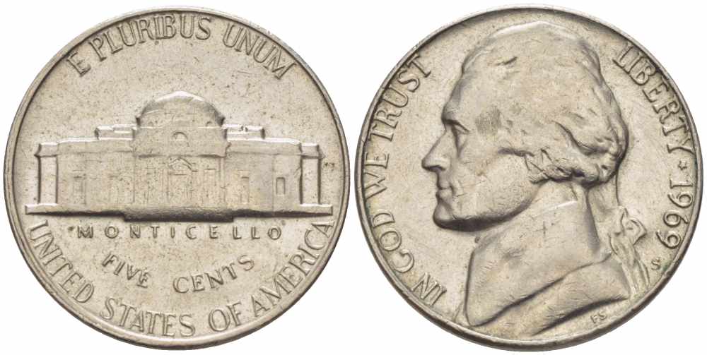 США 5 ЦЕНТОВ 1969 S, ДЖЕФФЕРСОН KM А192 медно-никель 4364-525