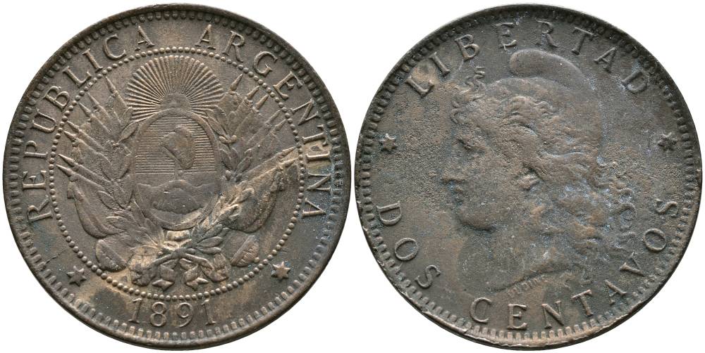 Аргентина 2 сентаво 1891 голова свободы влево KM 8 бронза 4531-1011