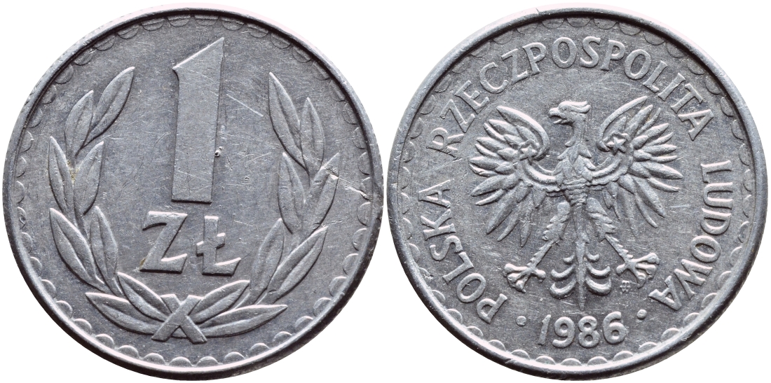 ПОЛЬША 1 ЗЛОТЫЙ 1986 MW KM 49.2 алюминий 4390-455