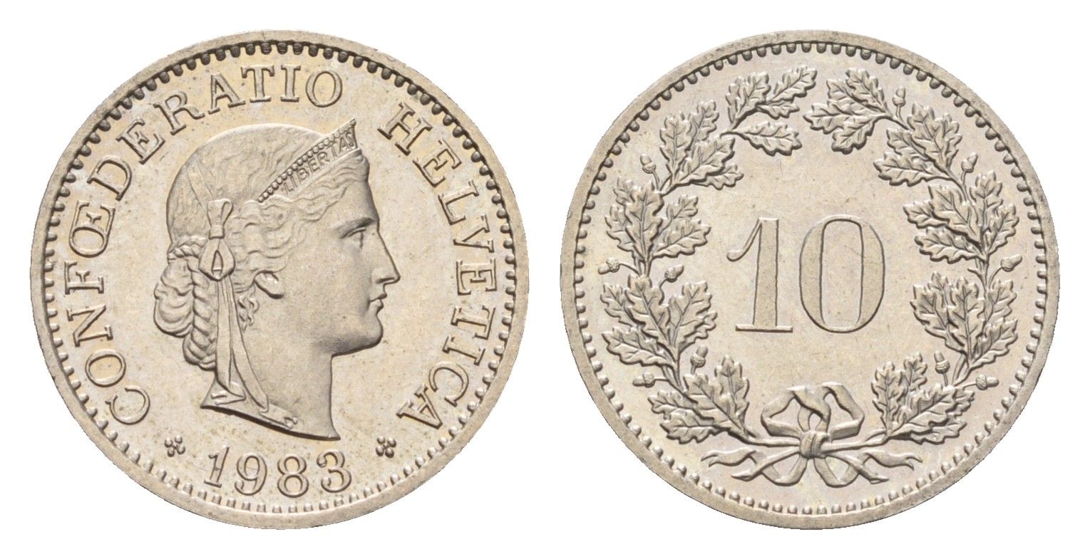 Швейцария 10 раппенов 1983 KM 27 медно-никель 4685-263