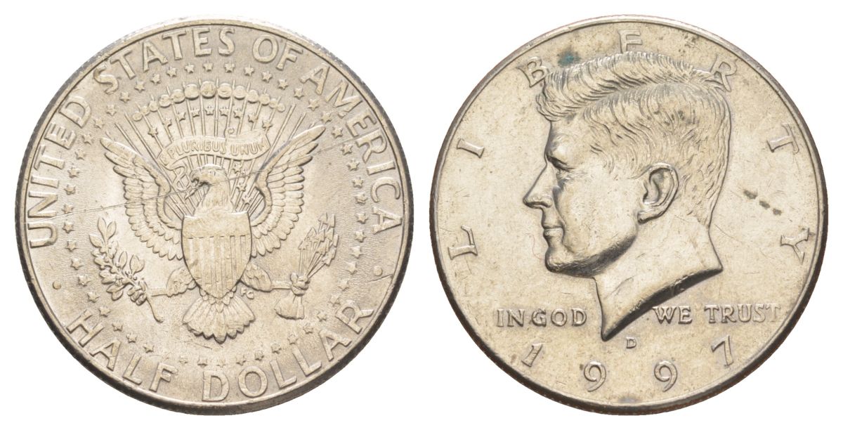 США 1/2 доллара (50 центов) 1997 D, Джон Кеннеди KM A202b медь плакированная медно-никелем aUNC 4394-231