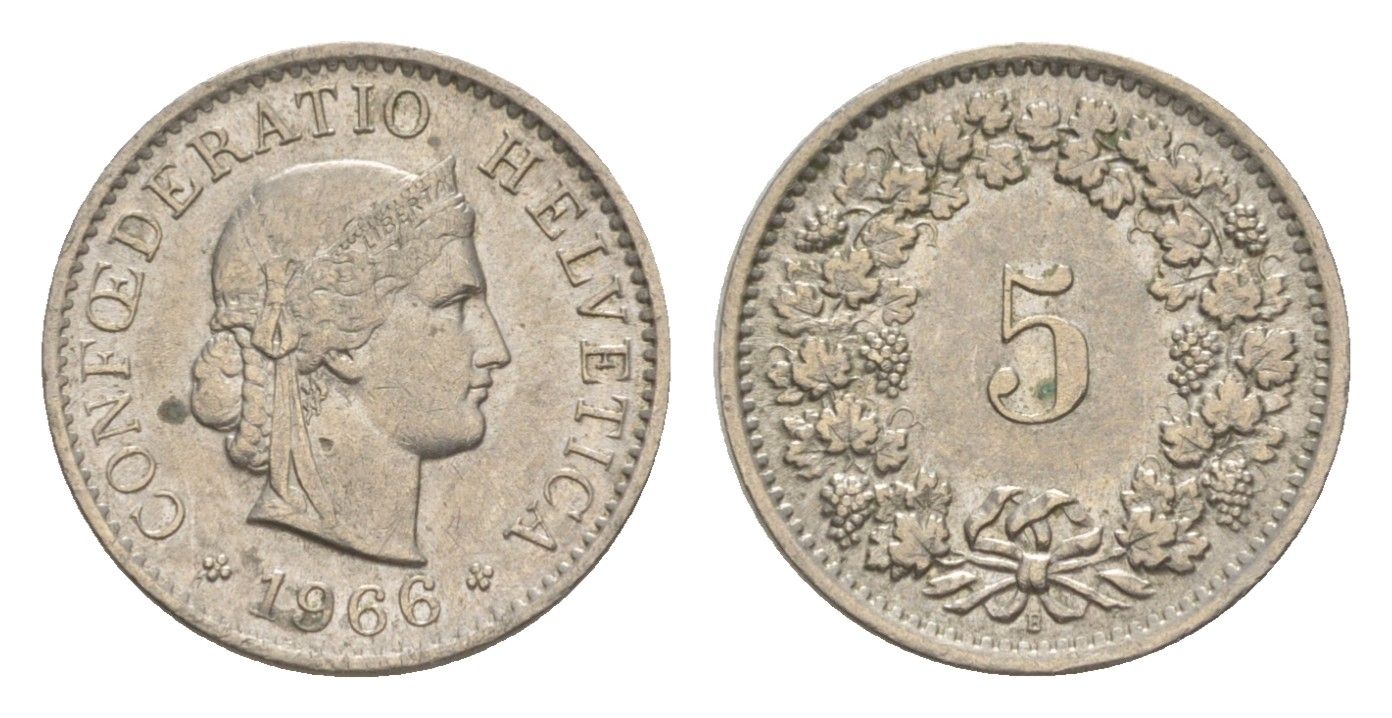 Швейцария 5 раппенов 1966 B KM 26 медно-никель 4611-852
