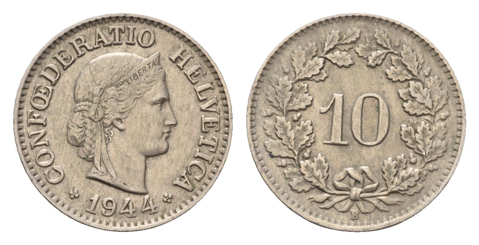 Швейцария 10 раппенов 1944 KM 27 медно-никель 4685-243