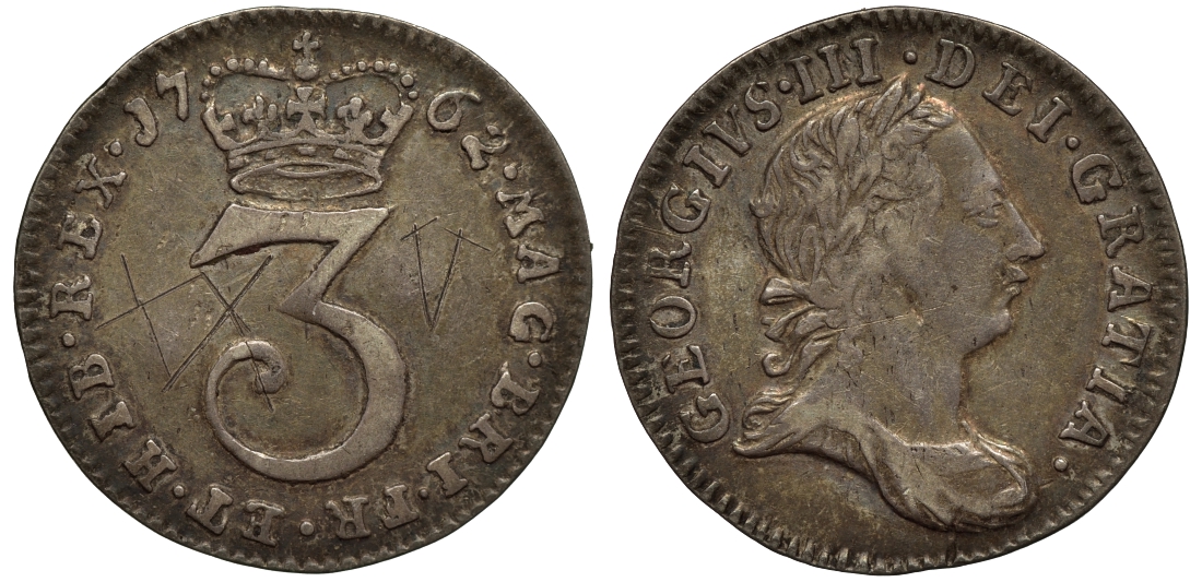 Великобритания 3 пенса 1762 Георг III (1760-1820), граффити KM 591, Spink 3753 серебро 1524-131