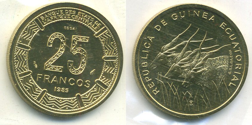 Экваториальная Гвинея 25 франков 1985 пробный выпуск, ESSAI KM E29 алюминиевая бронза UNC 5010-1134