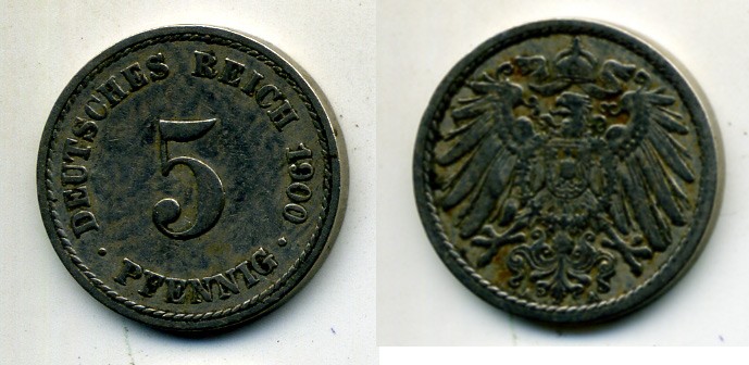 ГЕРМАНИЯ 5 ПФЕННИГОВ 1900 A, KM 11, J. 12 медно-никель 58-1255