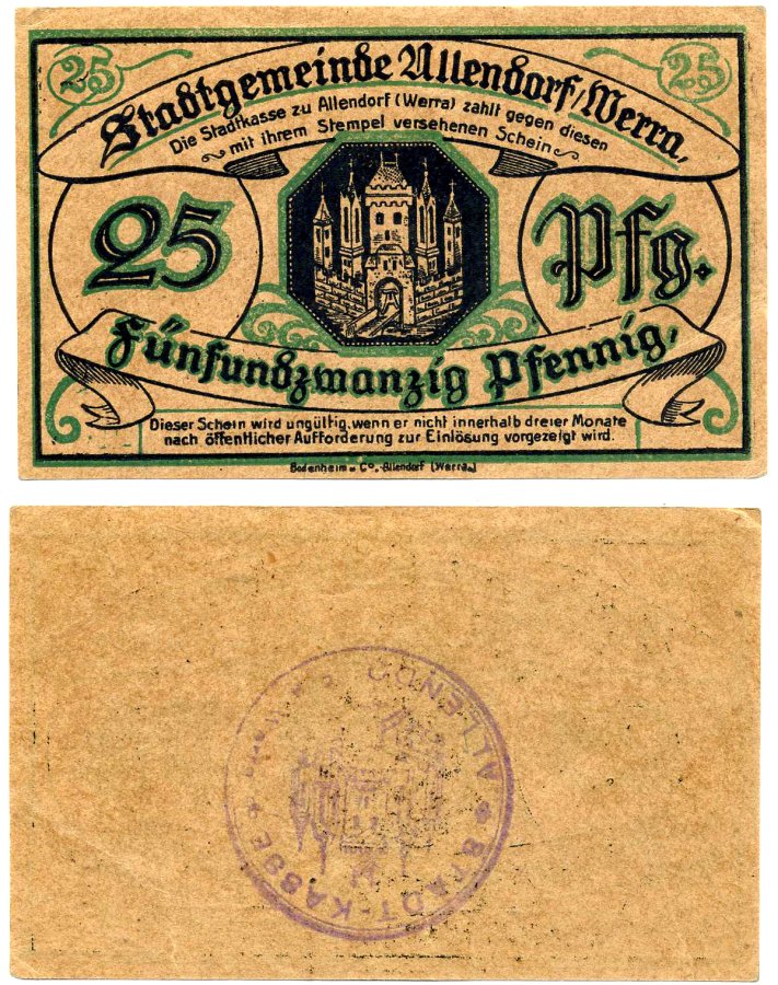 Аллендорф 25 пфеннигов 1921 нотгельд, земля Гессен, штемпель А (фиолетовый) Grabowski А5.4с бумага 2193-19-2-1