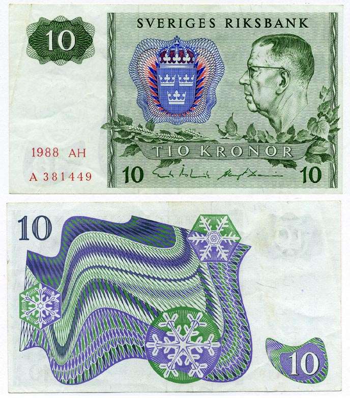 ШВЕЦИЯ 10 КРОН 1988 СЕРИЯ AH, ГУСТАВ VI АДОЛЬФ Pick 52e бумага 8612-30-3-2