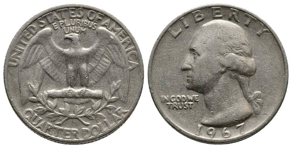 США 25 центов (квотер) 1967 Вашингтон KM 164a медь плакированная медно-никелем 89-635