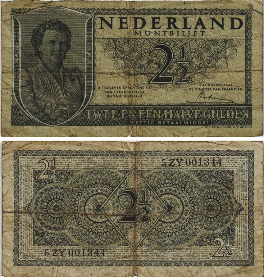 НИДЕРЛАНДЫ 2 1/2 ГУЛЬДЕНА 1949 8 АВГУСТА 1949, КОРОЛЕВА ЮЛИАНА Pick 73 бумага 8604-12-2-1