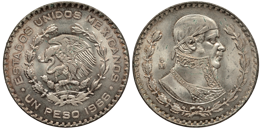 Мексика 1 песо 1966 Хосе Мария Морелос KM 459 серебро XF-UNC 74-335