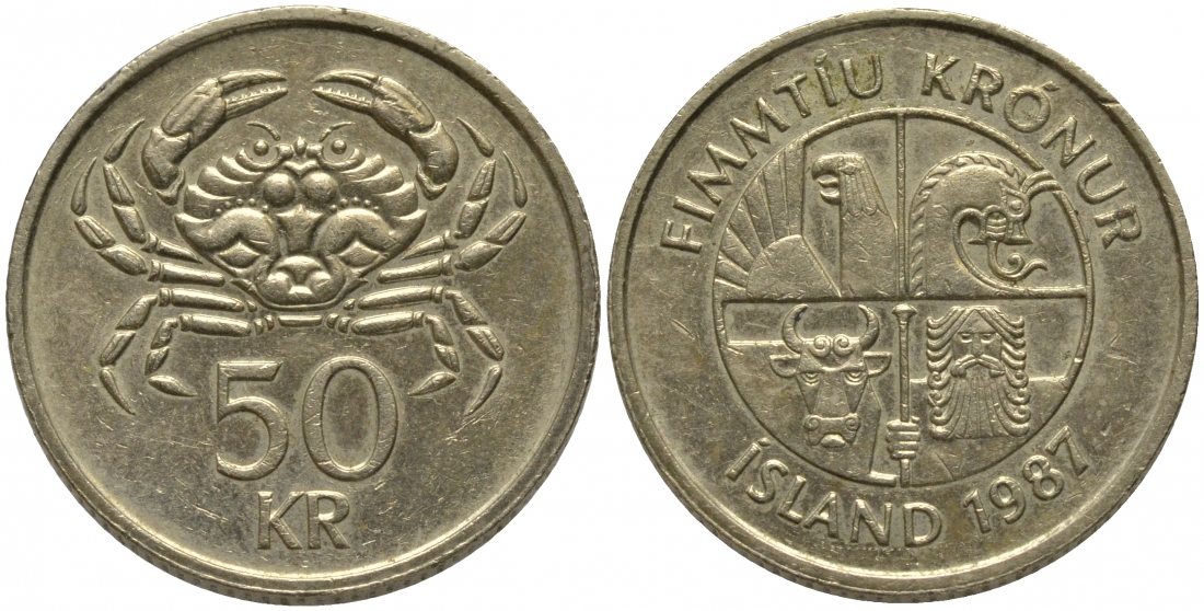 ИСЛАНДИЯ 50 КРОН 1987 КРАБ KM 31 никель латунь 181-644