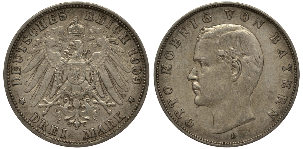 Бавария 3 марки 1909 Отто (1886-1913) Weege 45, J. 47, KM 515 серебро 3711-1921