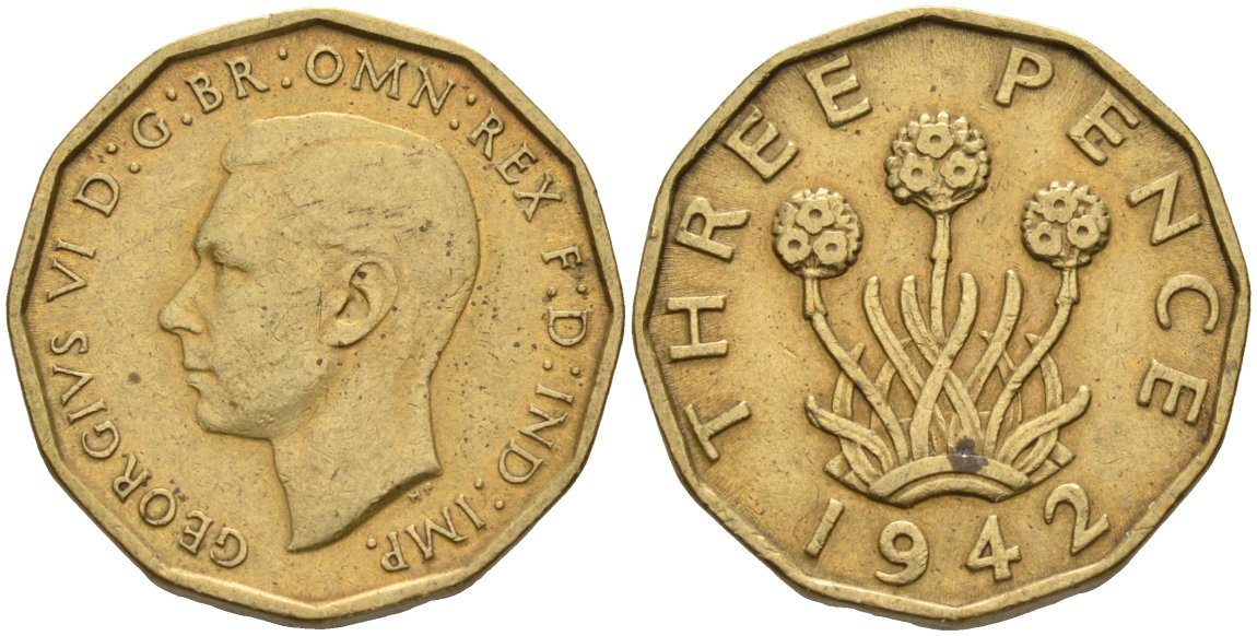 Великобритания 3 пенса 1942 Георг VI (1936-1952) KM 849, Spink 4112 никель латунь 4513-1116