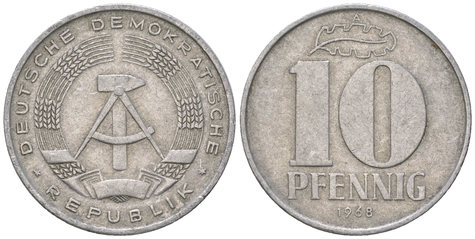 ГДР 10 пфеннигов 1968 A KM 10 алюминий 3459-624