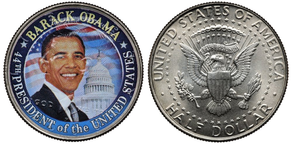 США 50 центов = 1/2 доллара 2003 44-й Президент США, Барак Обама, цветная наклейка на Кеннеди KM A202b медь плакированная медно-никелем UNC 1099-1-24