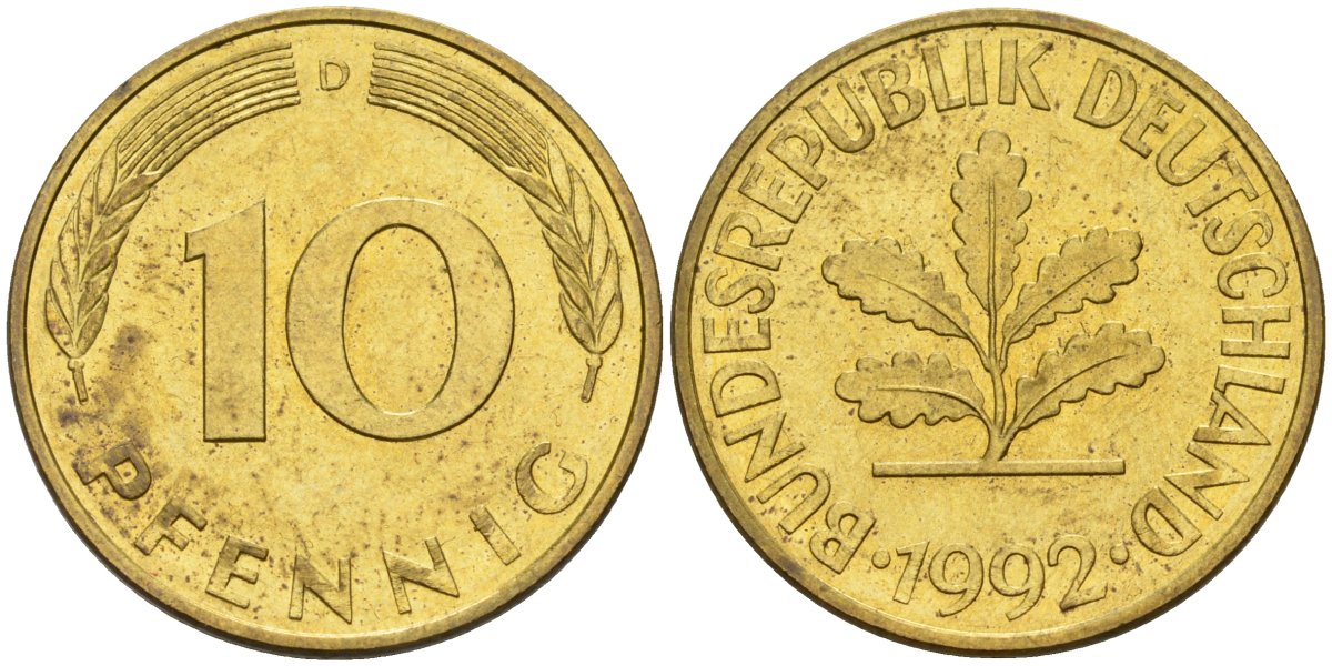 ФРГ 10 пфеннигов 1992 D KM 108, J. 383 сталь плакированная латунью 4175-1223