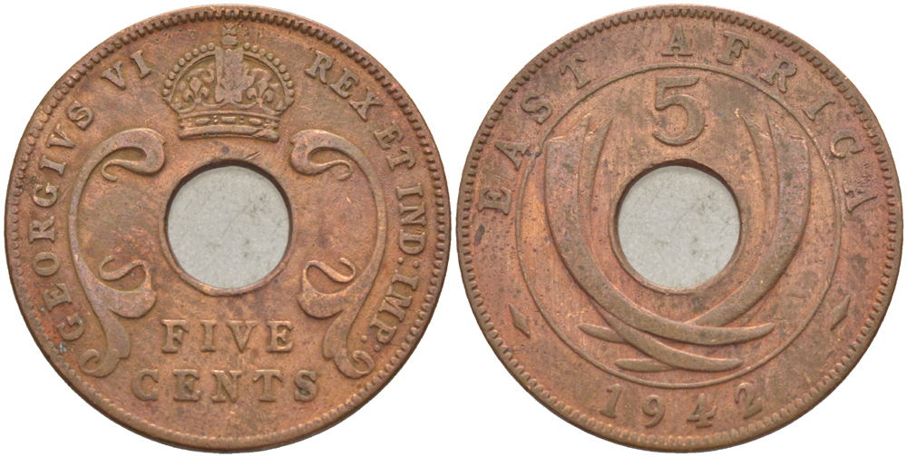 Британская Восточная Африка 5 центов 1942 Георг VI (1936-1952) KM 25.2 бронза 210-851