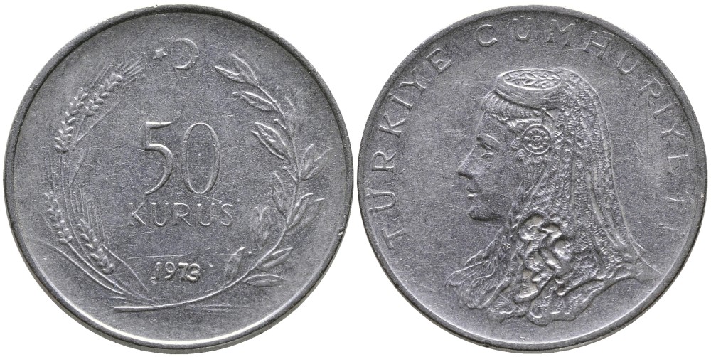Турция 50 курушей 1973 Анатолийская невеста KM 899 нержавеющая сталь 4541-853