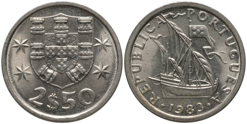 Португалия 2,5 эскудо 1983 парусник KM 590 медно-никель UNC 181-341